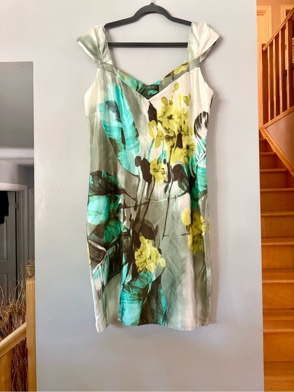 Michaela Louisa Abstract Floral Silk Blend Sheath Dress Teal Yellow 12